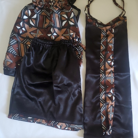 Silk African Print  Sleepwear BLK Brown Size L - Picture 3 of 7